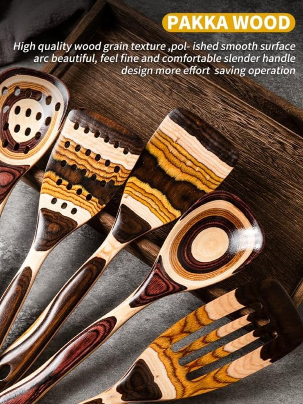7-Piece Brown Pakkawood Utensils Set – Sturdy, Eco-Friendly, Wooden Spoons NEW